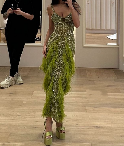 Unique Spaghetti Straps V Neck Green Sequin Beaded Mermaid Long Evening Dress Birthday Prom Dress SP1487