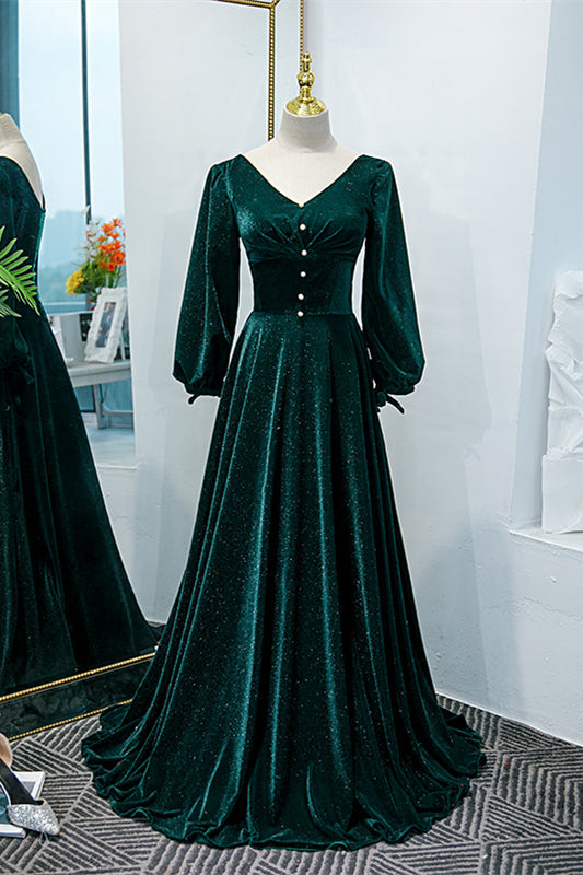 V-Neck Long Sleeves A-Line Velvet Party Prom Dress