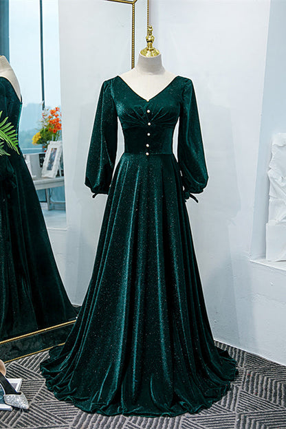 V-Neck Long Sleeves A-Line Velvet Party Prom Dress