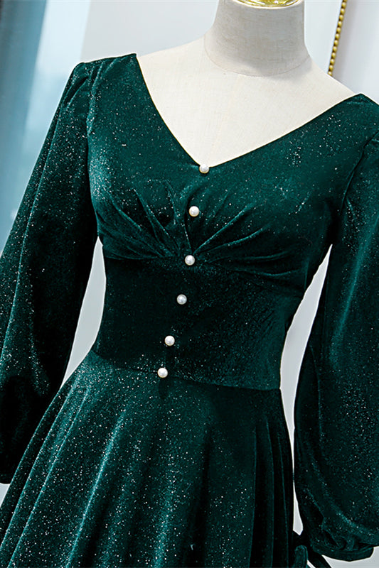 V-Neck Long Sleeves A-Line Velvet Party Prom Dress