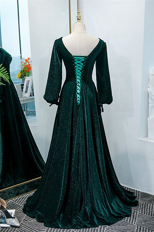 V-Neck Long Sleeves A-Line Velvet Party Prom Dress