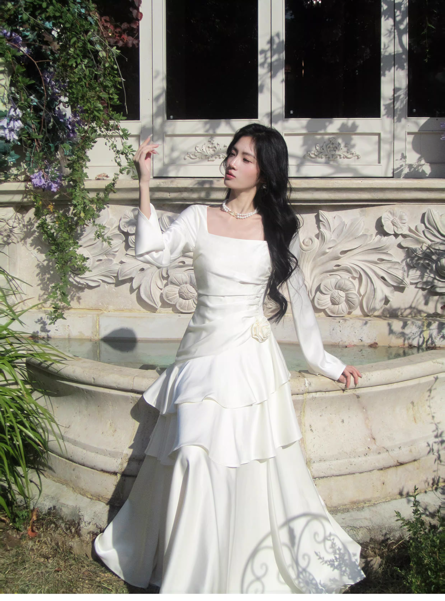 Elegant White Square Neck Satin Layered Ruffles Mermaid Long Evening Dress Birthday Dress SP1646