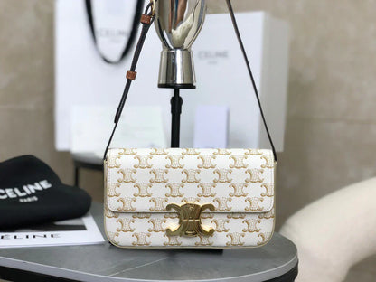CELINE Triomphe Shoulder Bag In Triomphe Canvas And Calfskin White 20 x 10 x 4 cm