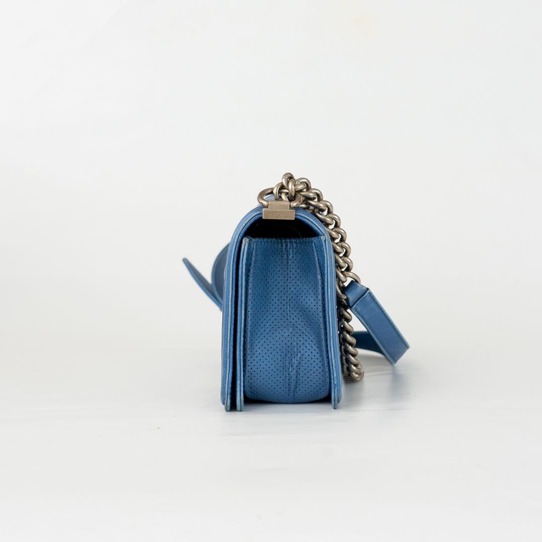 Chanel Blue Perforated Quilted Leather Small Boy Flap Bag
