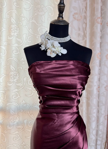 Elegant Burgundy Strapless Satin Pleated Mermaid Long Evening Dress Prom Dresses SP1621
