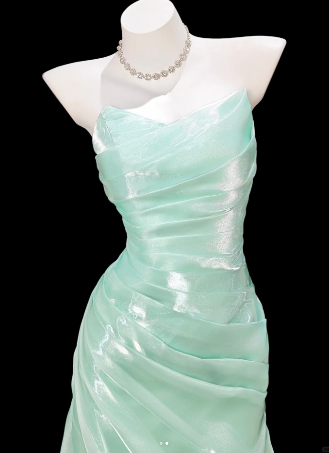 Classy Strapless Green Organza Pleated Mermaid Long Party Dress Birthday Prom Dress SP1930