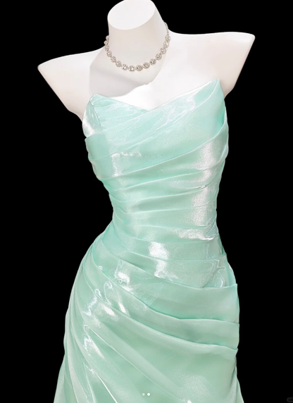 Classy Strapless Green Organza Pleated Mermaid Long Party Dress Birthday Prom Dress SP1930