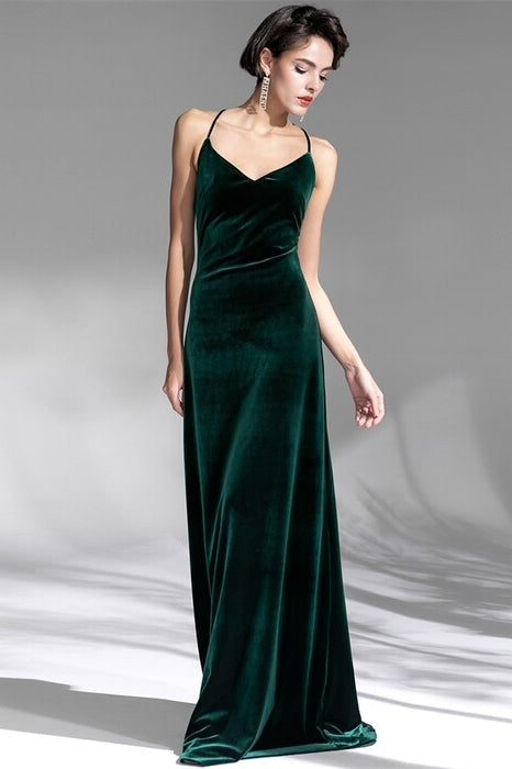 V-Neck Spaghetti Straps Velvet Backless Party Prom Dress