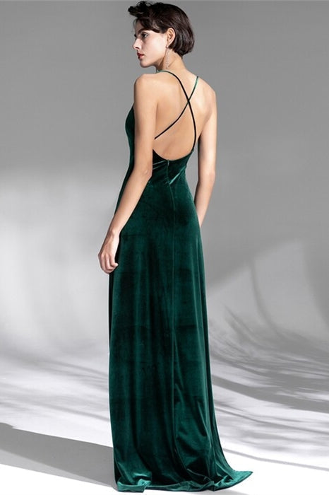 V-Neck Spaghetti Straps Velvet Backless Party Prom Dress