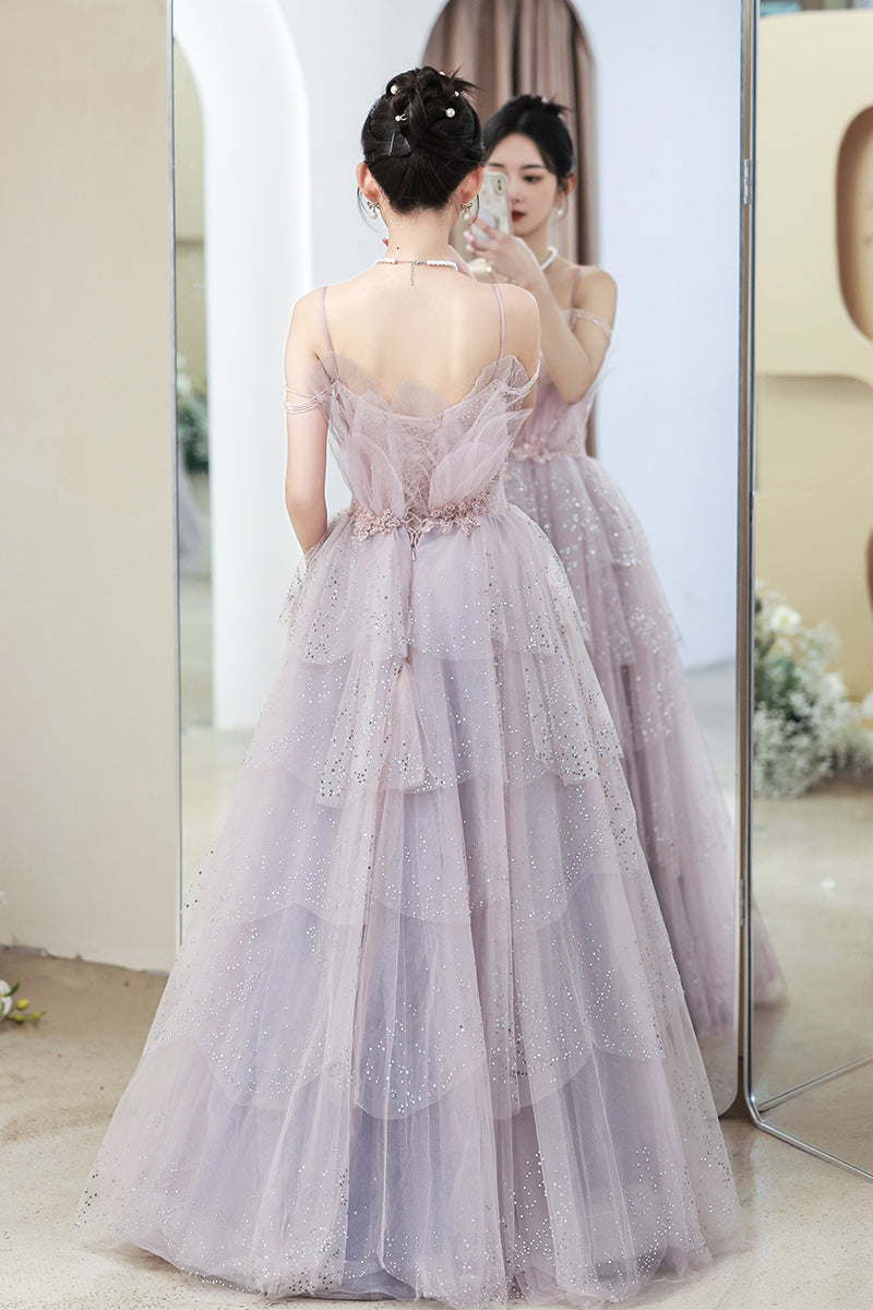 Pink Deep V Neck Straps Beaded Appliques Multi-Layers Maxi Formal Dress