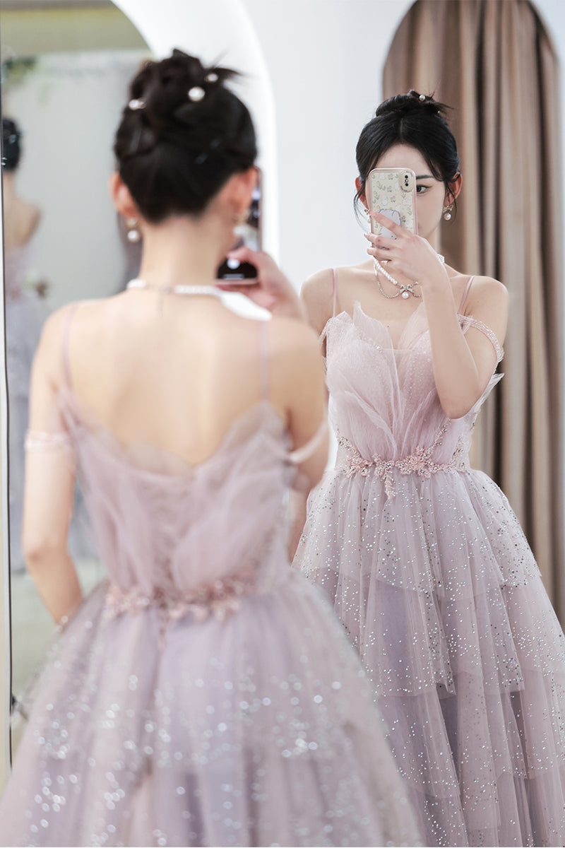 Pink Deep V Neck Straps Beaded Appliques Multi-Layers Maxi Formal Dress