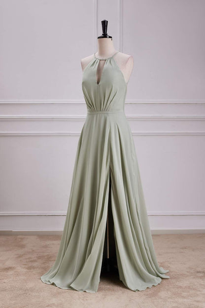 Dusty Sage Halter Keyhole A-line Long Bridesmaid Dress with Slit