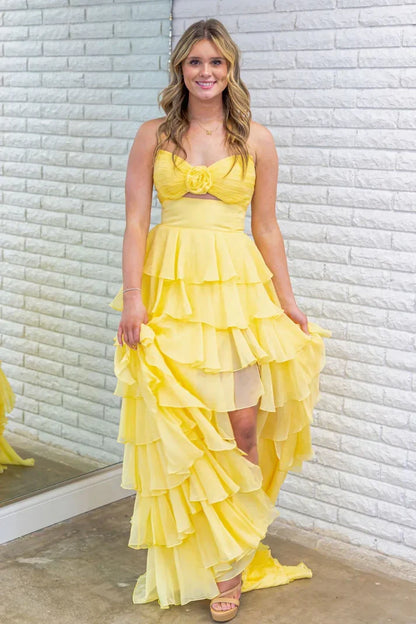 Strapless Chiffon Tiered A-Line Long Prom Dress With Side Slit