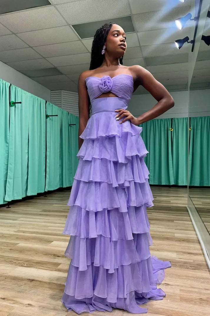Strapless Chiffon Tiered A-Line Long Prom Dress With Side Slit