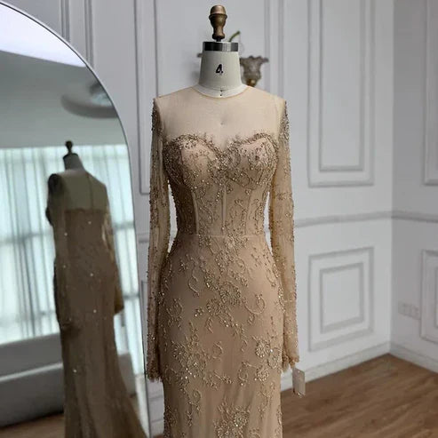 Elegant V-Neck Sheath Long Prom Dress Lace Beaded Champagne Evening Dresses ED05240