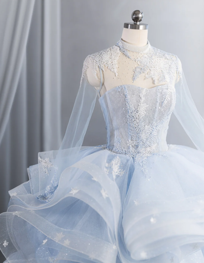 Charming Blue Tulle Sequin Appliques Princess Bridal Dress Long Wedding Dress SP1521