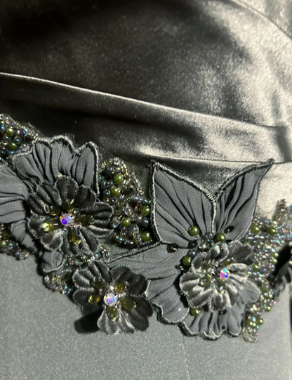 Vintage Spaghetti Straps Olive Green Satin Sheath Long Evening Dress Formal Wedding Guest Dress With Appliques SP1796