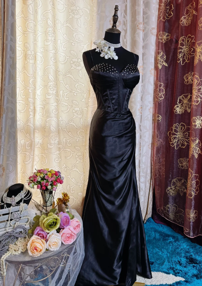 Fashion Black Spaghetti Straps Satin Beaded Mermaid Long Evening Dress Formal Wedding Guest Dress SP1614