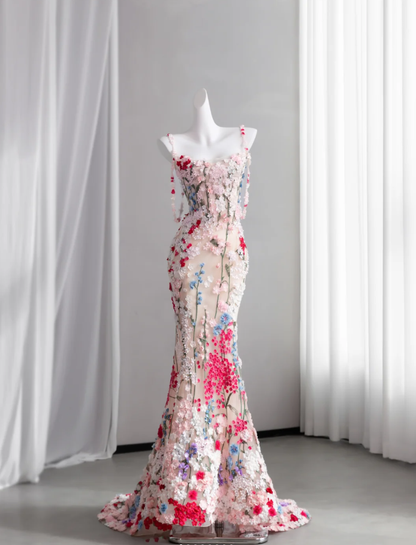 Glamorous Spaghetti Straps Tulle Colorful Appliques Mermaid Long Party Dress Prom Gown SP1514