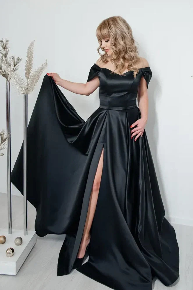 Elegant Satin A-Line Off-Shoulder With Side Slit Bridesmaid Dress