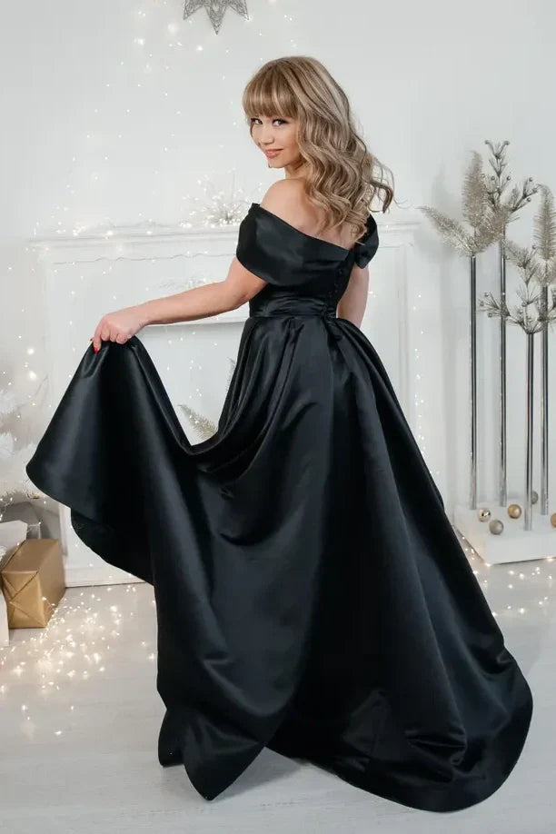 Elegant Satin A-Line Off-Shoulder With Side Slit Bridesmaid Dress
