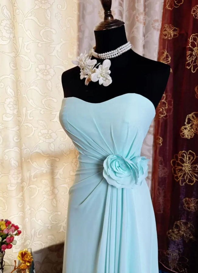 Classy Blue Strapless Chiffon Long Party Dress Birthday Dress With Floral SP1952