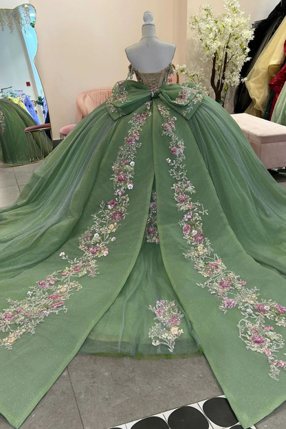 Gorgeous Off Shoulder Green Sleeveless Tulle Beaded Appliques Bow Knot Sweet 15 Quinceañera Dress SP1729