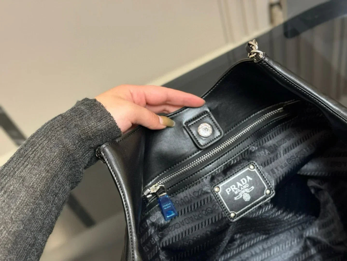 Prada Double Chain Black Shoppping Tote Bag 39x30cm