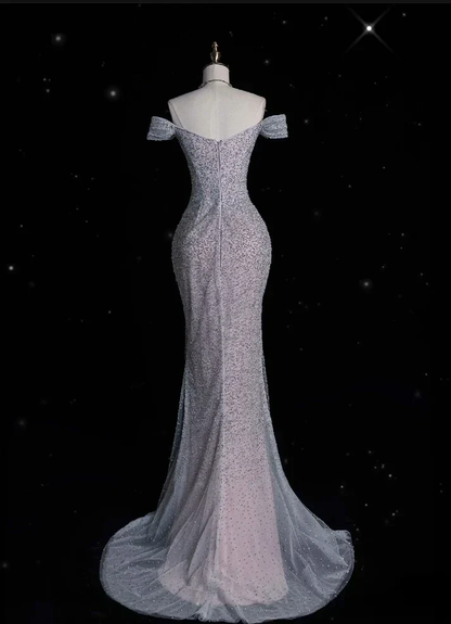 Glitter Gray Off The Shoulder Tulle Sequin Beaded Mermaid Long Evening Dress Party Gown SP1555