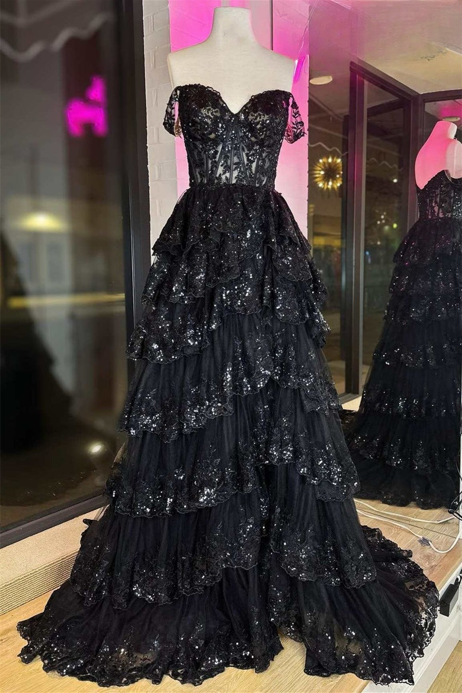 Hot Pink Off-Shoulder Sequined Layers A-line Long Prom Dress with Slit