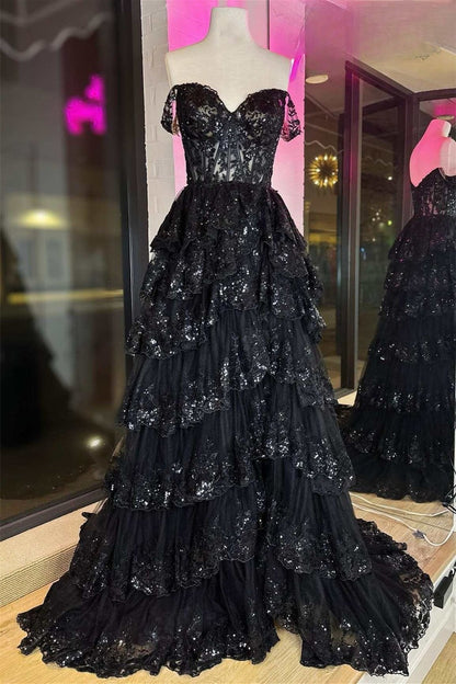 Hot Pink Off-Shoulder Sequined Layers A-line Long Prom Dress with Slit