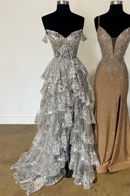 Hot Pink Off-Shoulder Sequined Layers A-line Long Prom Dress with Slit