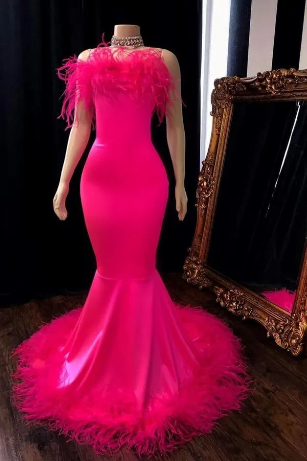 Feathers Strapless Mermaid Satin Party Dress For Black Girls