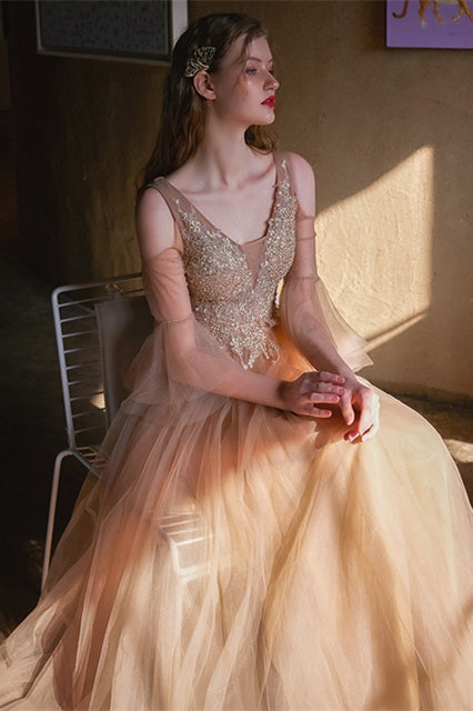 Long Sleeves V-Neck Tulle A-Line Appliques Party Dress