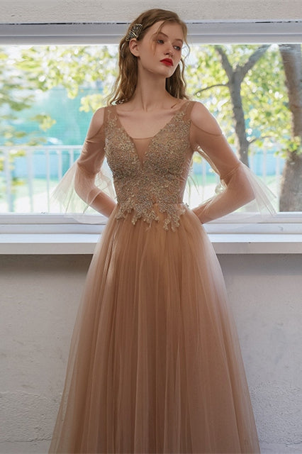 Long Sleeves V-Neck Tulle A-Line Appliques Party Dress