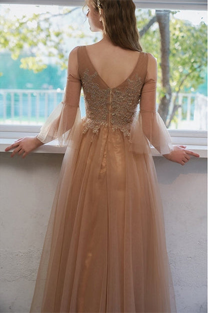 Long Sleeves V-Neck Tulle A-Line Appliques Party Dress