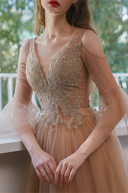 Long Sleeves V-Neck Tulle A-Line Appliques Party Dress