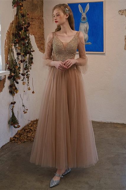 Long Sleeves V-Neck Tulle A-Line Appliques Party Dress