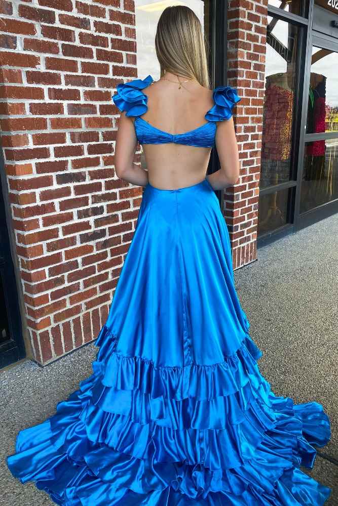 Fuchsia Crossed Top Ruffled Layers Long Prom Dress with Slit