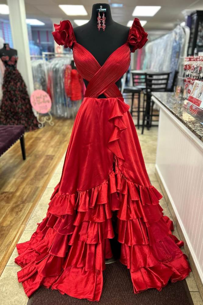 Fuchsia Crossed Top Ruffled Layers Long Prom Dress with Slit