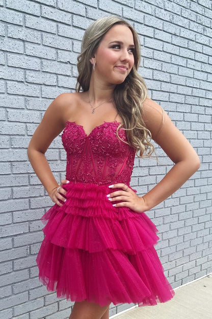 Fuchsia Lace Applique Strapless Ruffled Short Homecoming Dresses