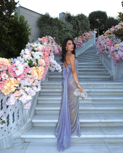 Classy Halter Purple Tulle Pleated Mermaid Long Party Dress Formal Wedding Guest Dress SP1160