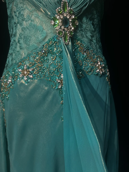 Vintage Spaghetti Straps Green Satin Lace Beaded Mermaid Long Party Dress Birthday Dress SP1817