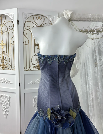 Shiny Strapless Navy Blue Tulle Sequin Beaded Mermaid Party Dress Long Wedding Guest Dress SP1442