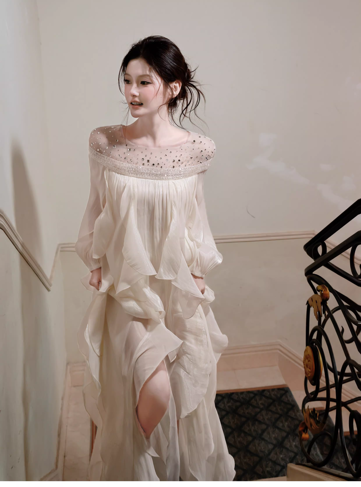 Shiny White Tulle Beaded Ruffles Long Evening Dress Birthday Outfits SP1650