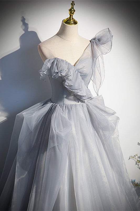 Asymmetrical Straps A-Line Ruffle Lace-Up Long Formal Dress