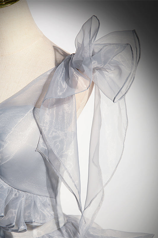 Asymmetrical Straps A-Line Ruffle Lace-Up Long Formal Dress