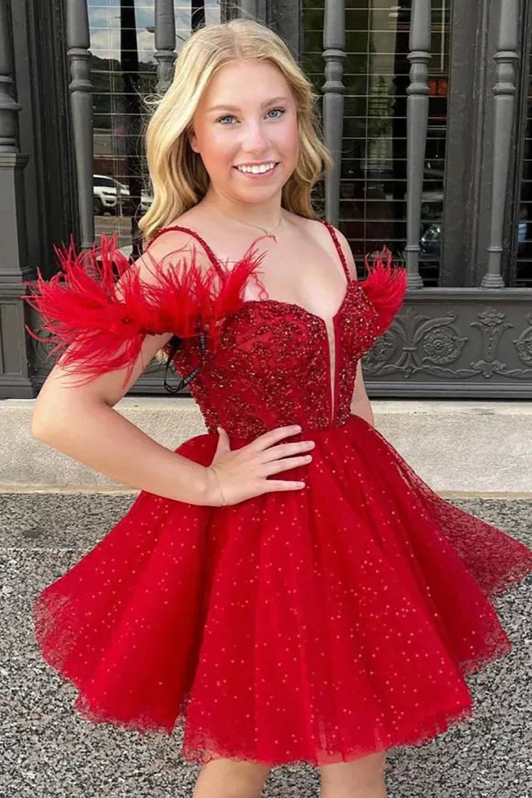 Glitter Tulle A-Line Off-Shoulder Beaded Appliques Homecoming Dress