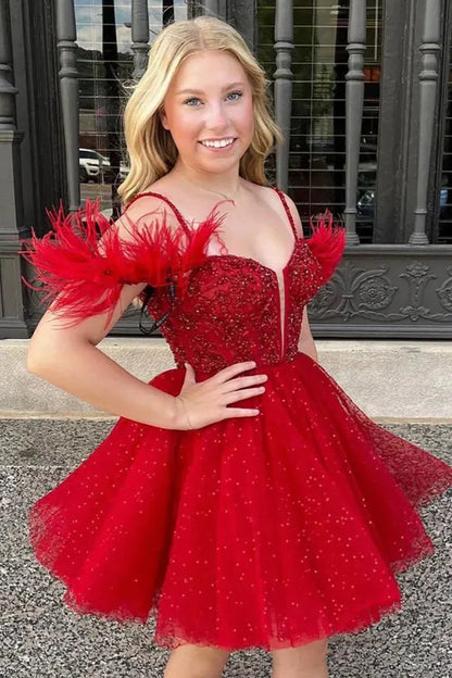 Glitter Tulle A-Line Off-Shoulder Beaded Appliques Homecoming Dress