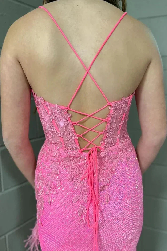 Glitter Fitted V-Neck Spaghetti Straps Appliques With Train Prom Dress